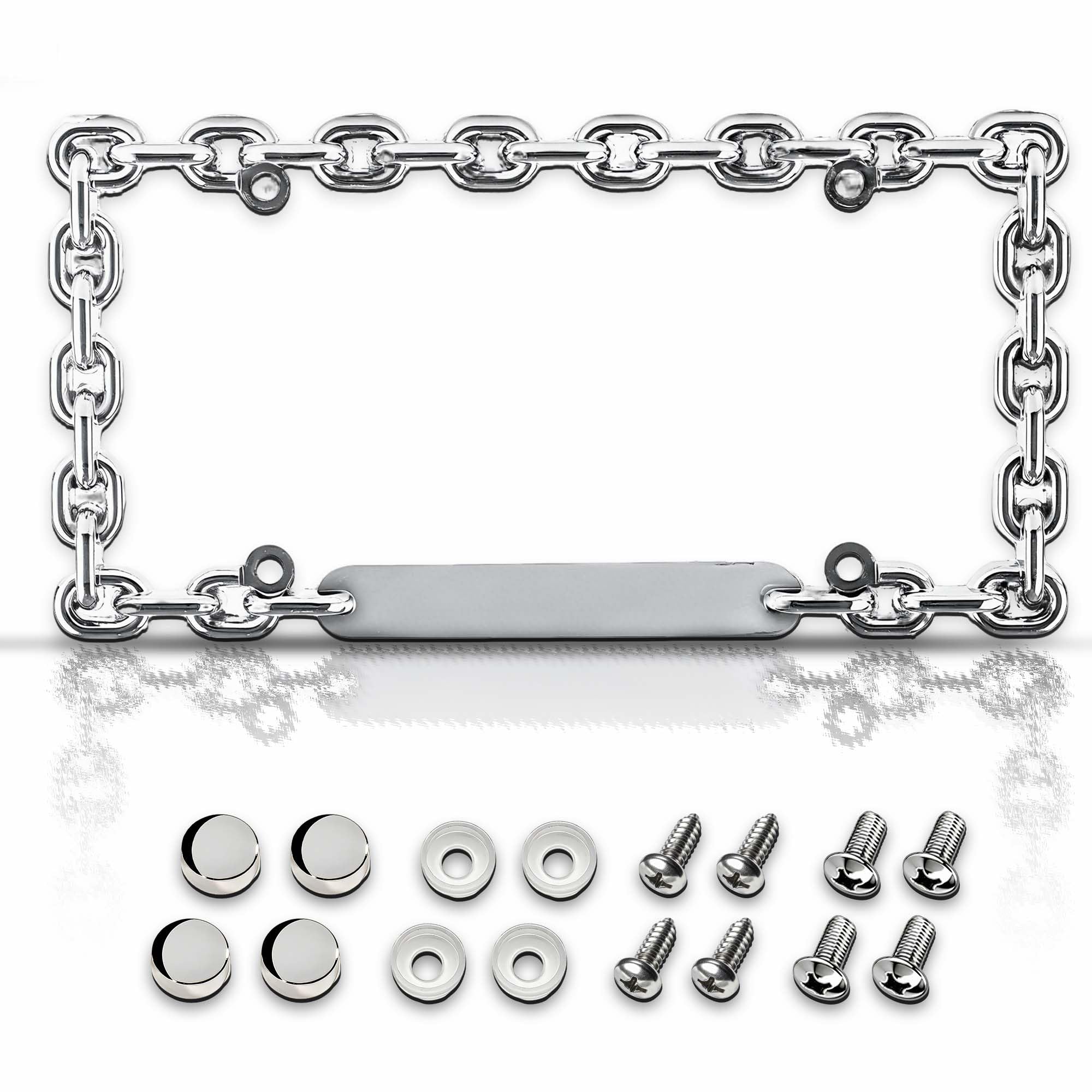 Premium Chrome Chain License Plate Frame with 4 Silver Screw Caps